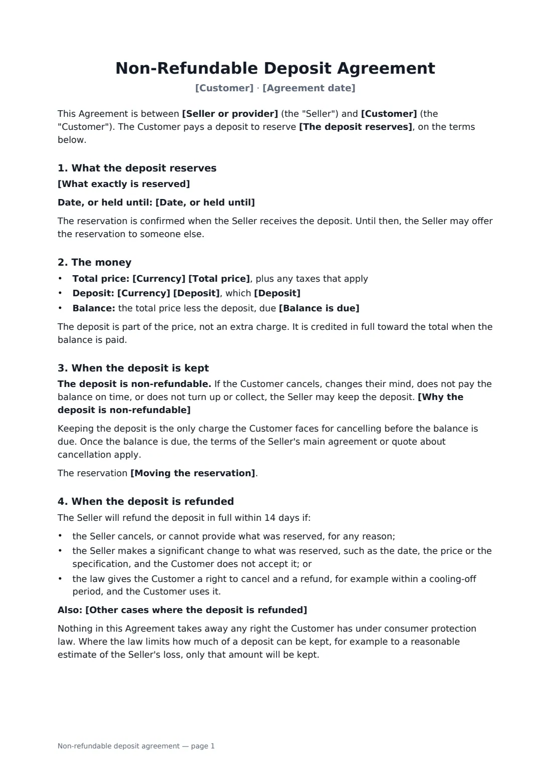 Non-refundable deposit agreement — page 1 of 2