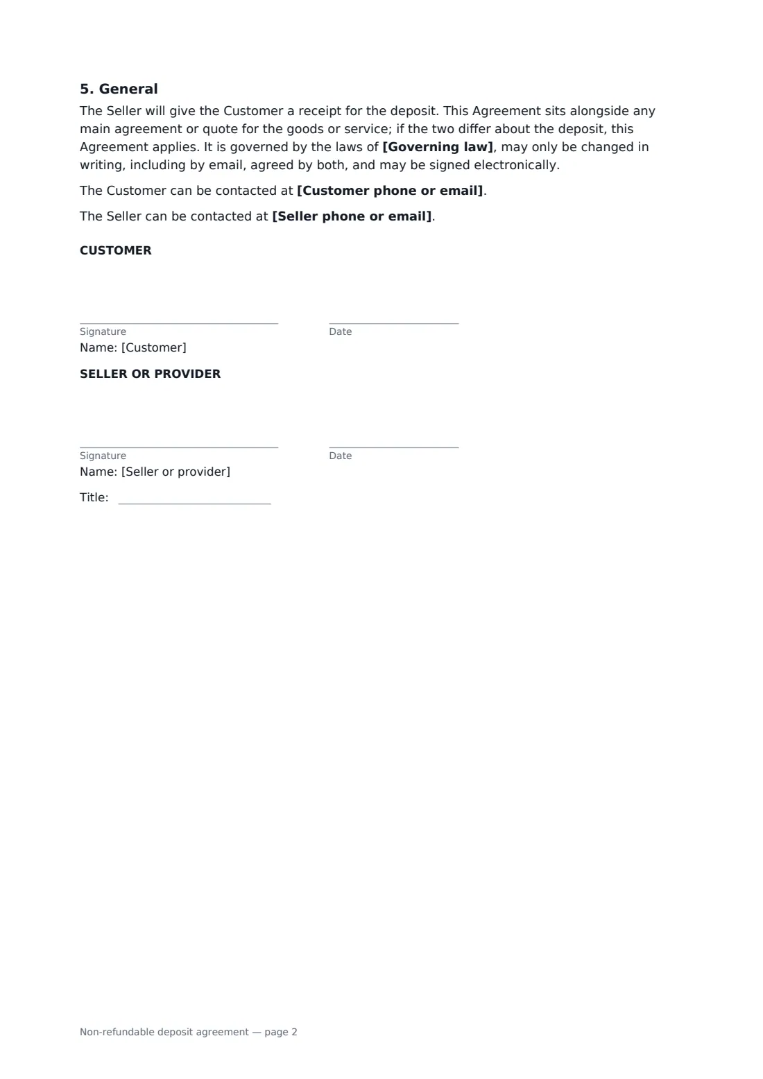 Non-refundable deposit agreement — page 2 of 2