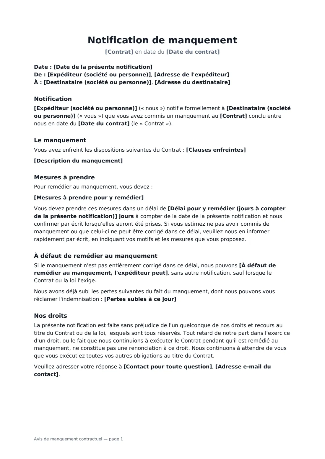 Avis de manquement contractuel — page 1 sur 2