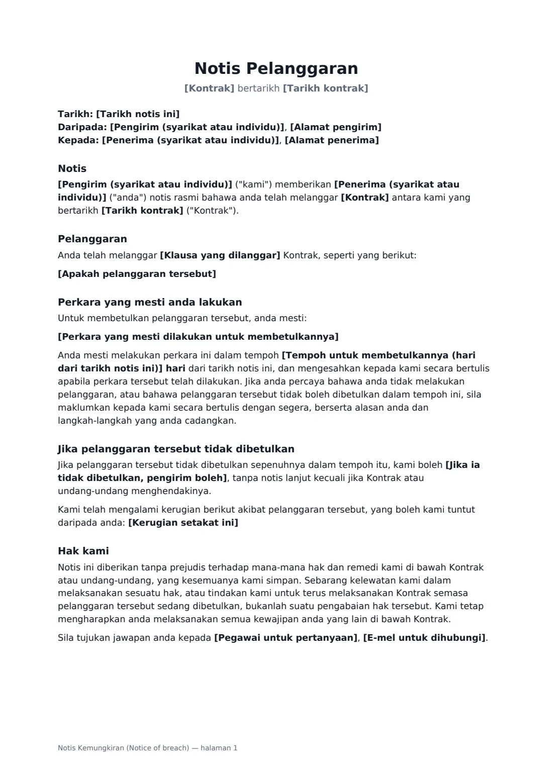 Notis Kemungkiran (Notice of breach) — halaman 1 daripada 2