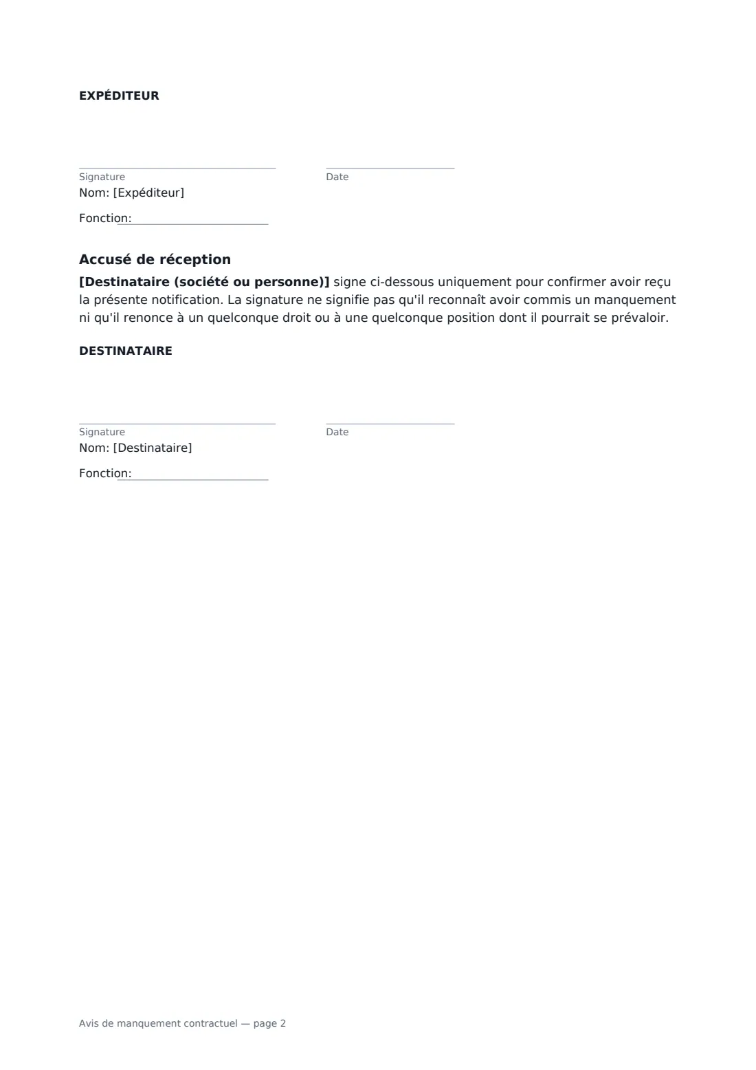 Avis de manquement contractuel — page 2 sur 2