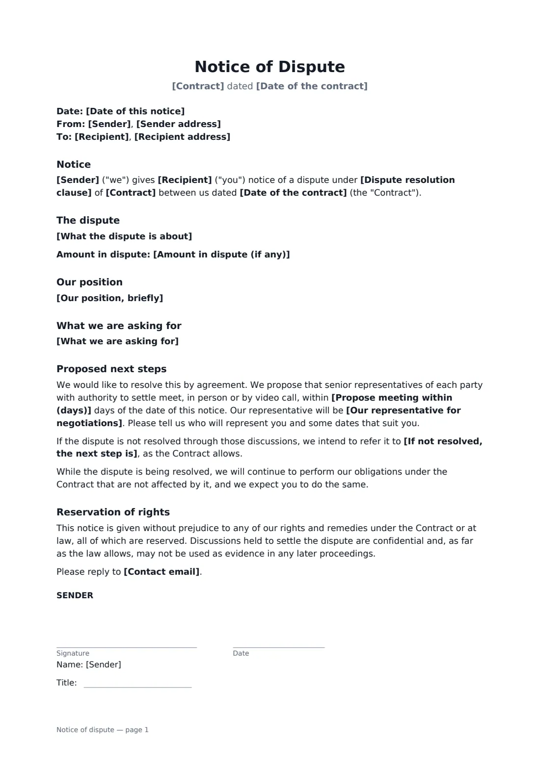 Notice of dispute — page 1 of 2