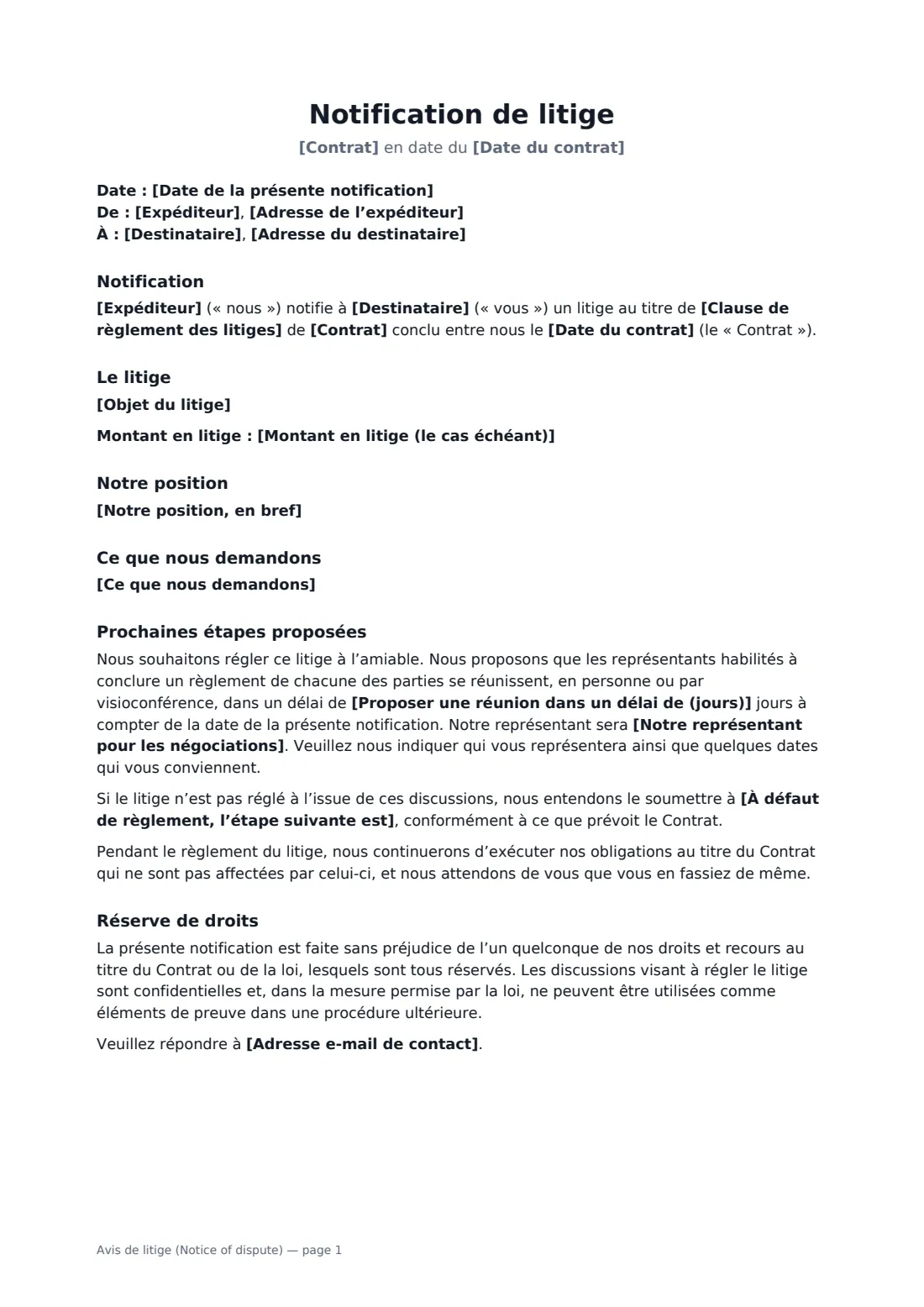 Avis de litige (Notice of dispute) — page 1 sur 2
