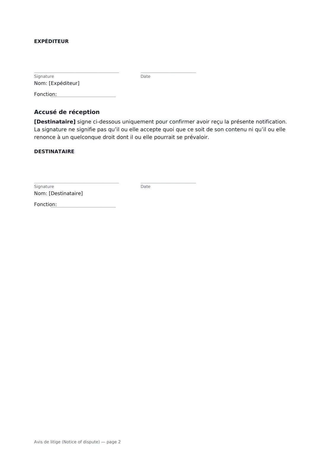 Avis de litige (Notice of dispute) — page 2 sur 2
