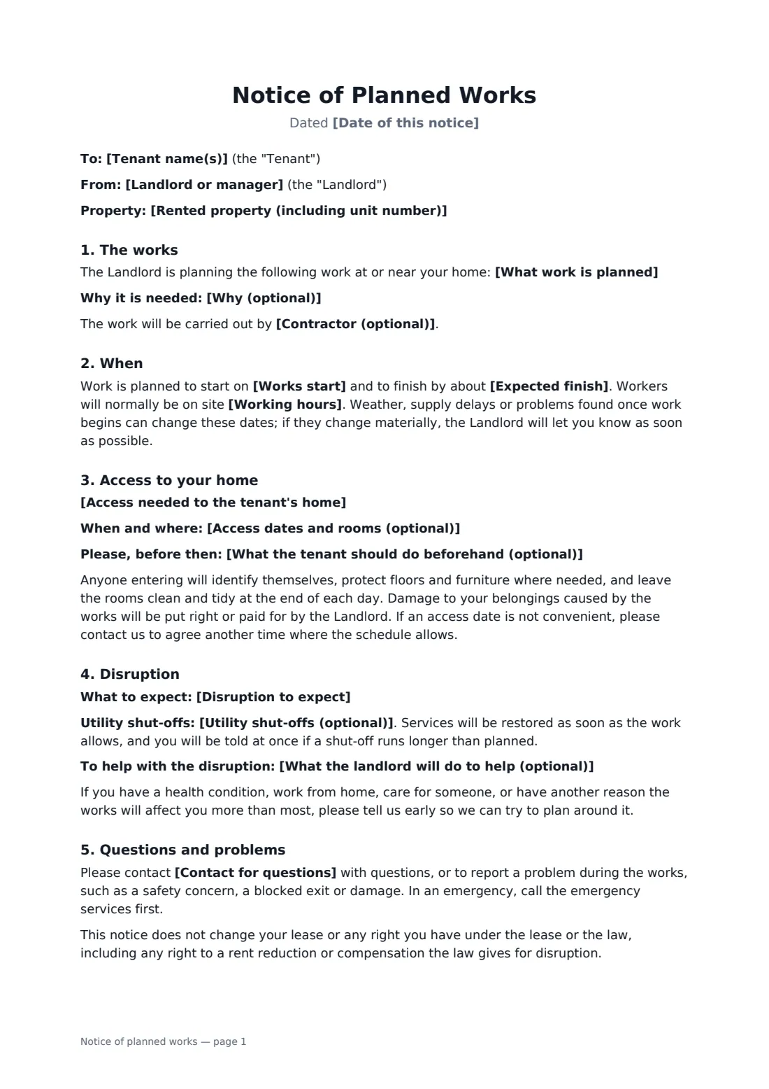 Notice of planned works — page 1 of 2