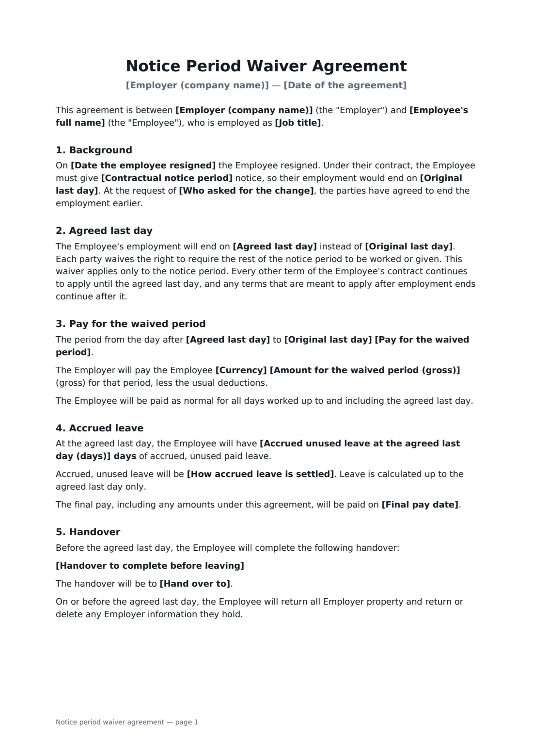 Notice period waiver agreement — page 1 of 2