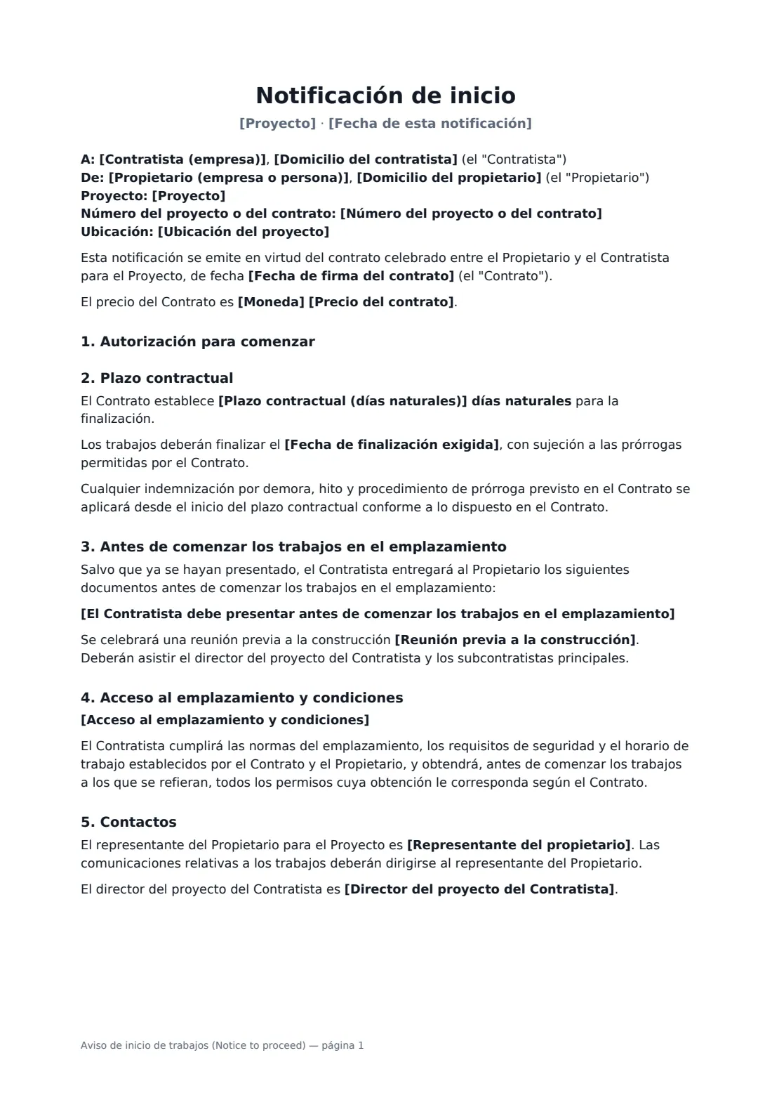 Aviso de inicio de trabajos (Notice to proceed): página 1 de 2