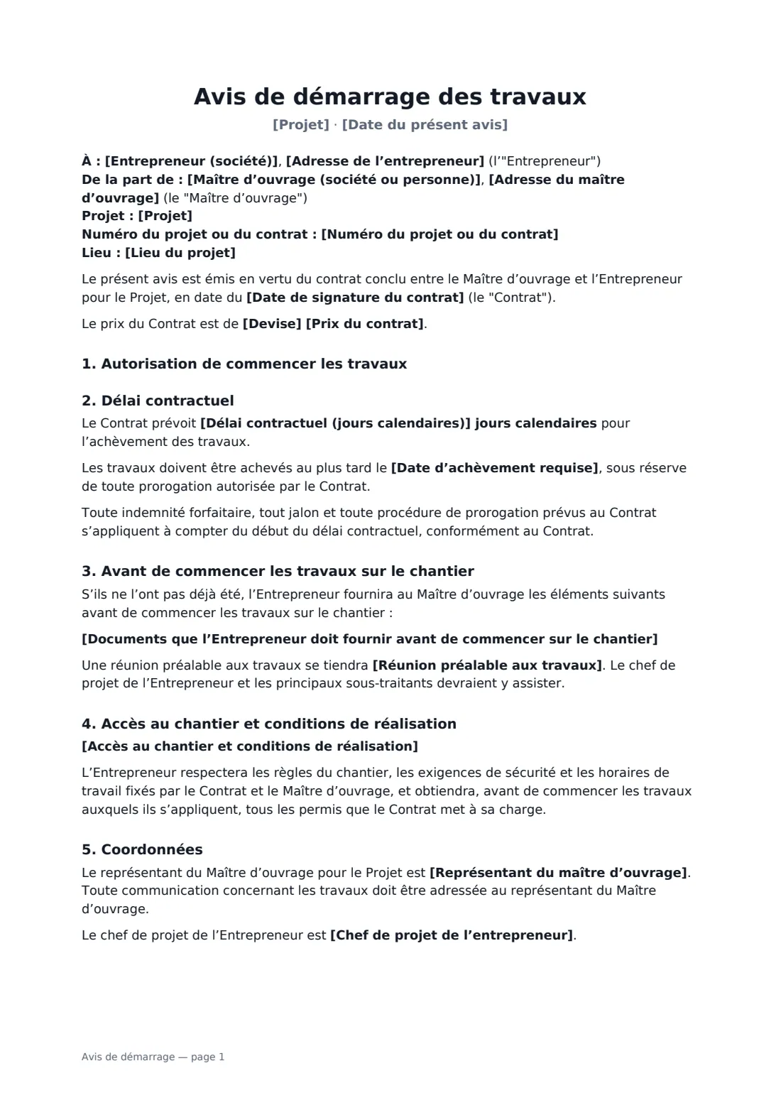 Avis de démarrage — page 1 sur 2