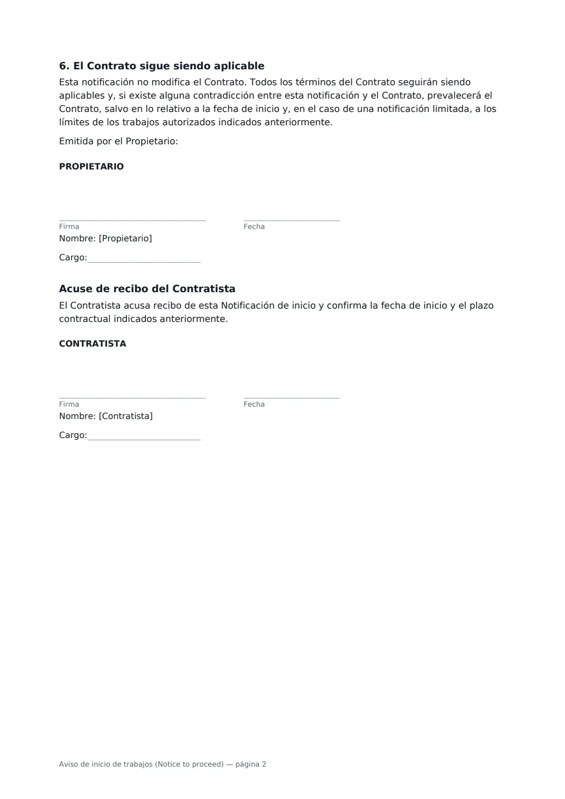 Aviso de inicio de trabajos (Notice to proceed): página 2 de 2