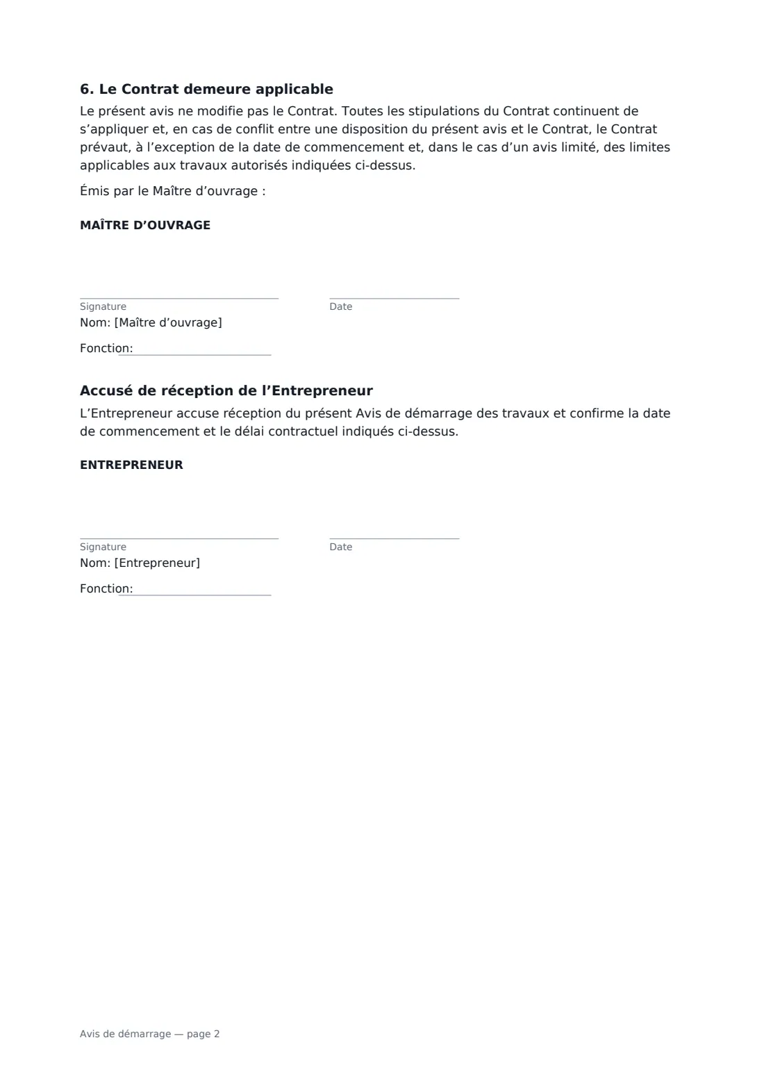 Avis de démarrage — page 2 sur 2