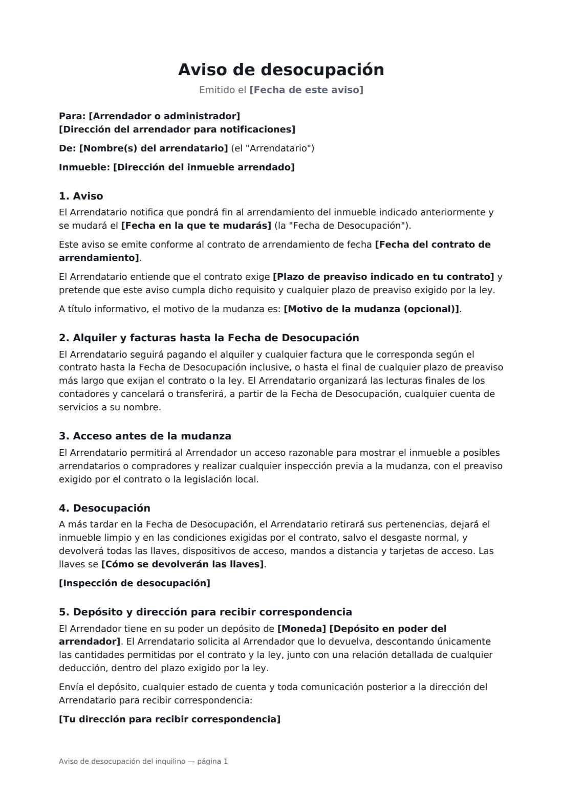 Aviso de desocupación del inquilino: página 1 de 2