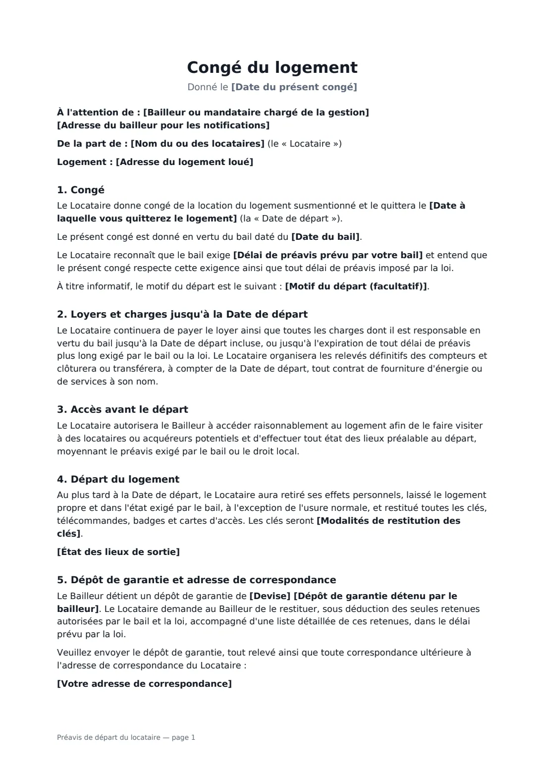 Préavis de départ du locataire — page 1 sur 2