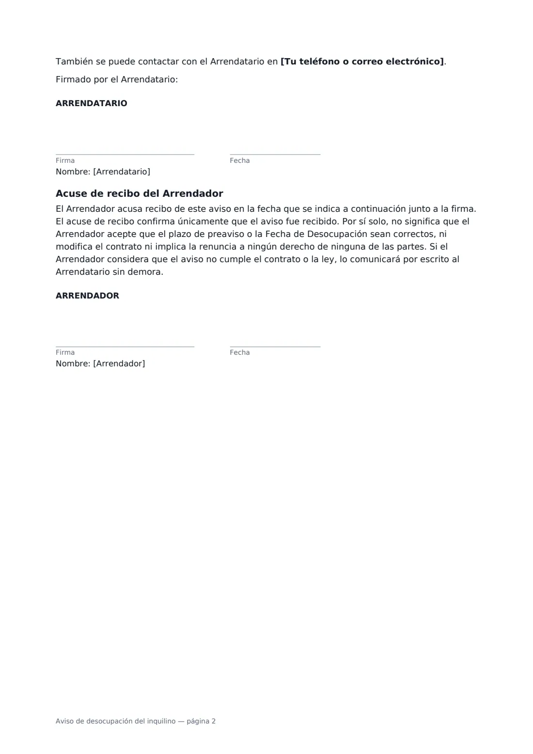 Aviso de desocupación del inquilino: página 2 de 2