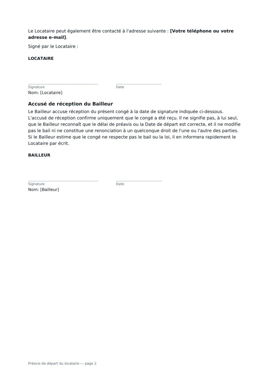 Préavis de départ du locataire — page 2 sur 2