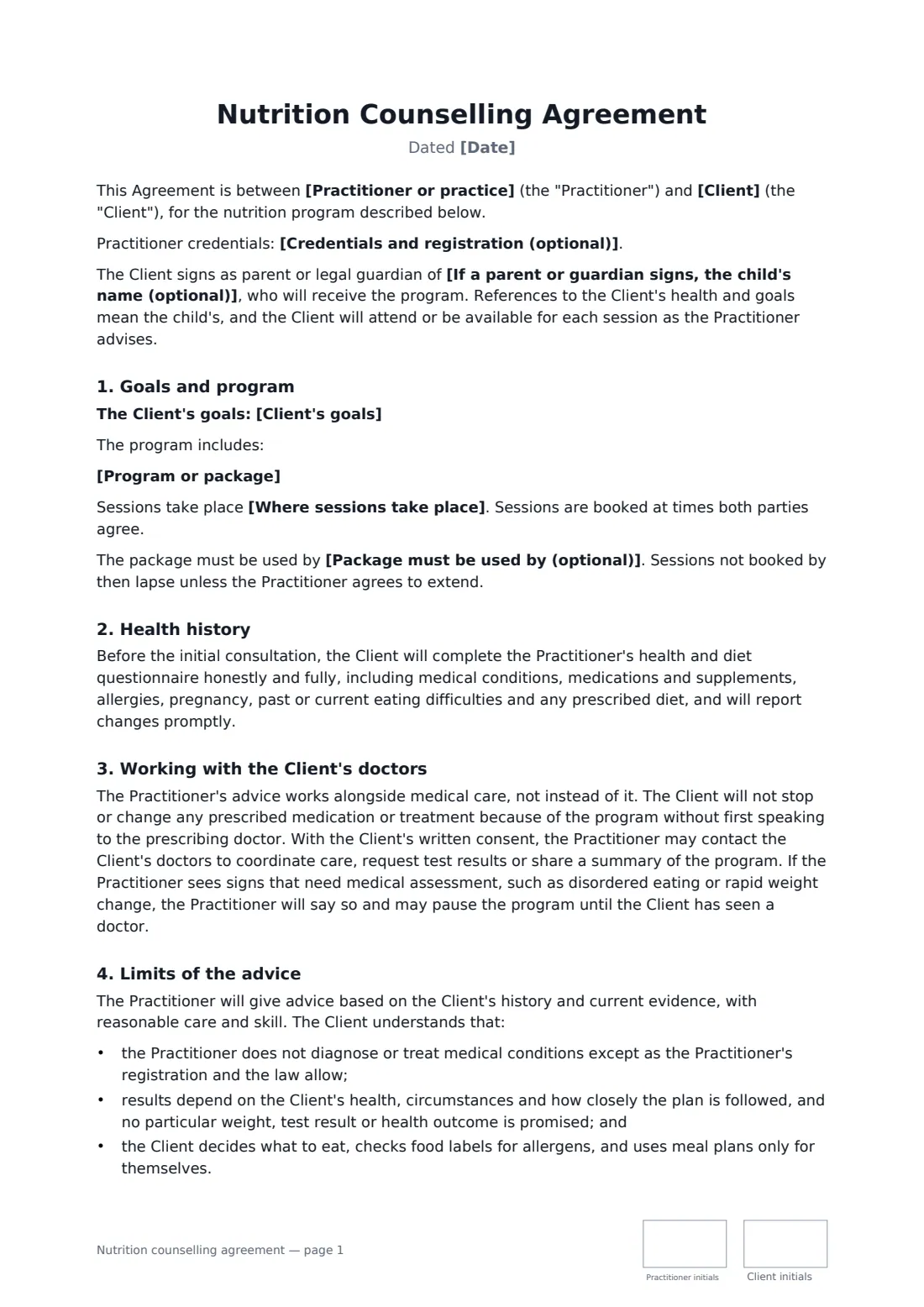 Nutrition counselling agreement — page 1 of 2