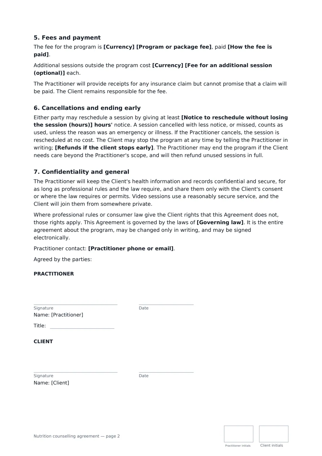 Nutrition counselling agreement — page 2 of 2