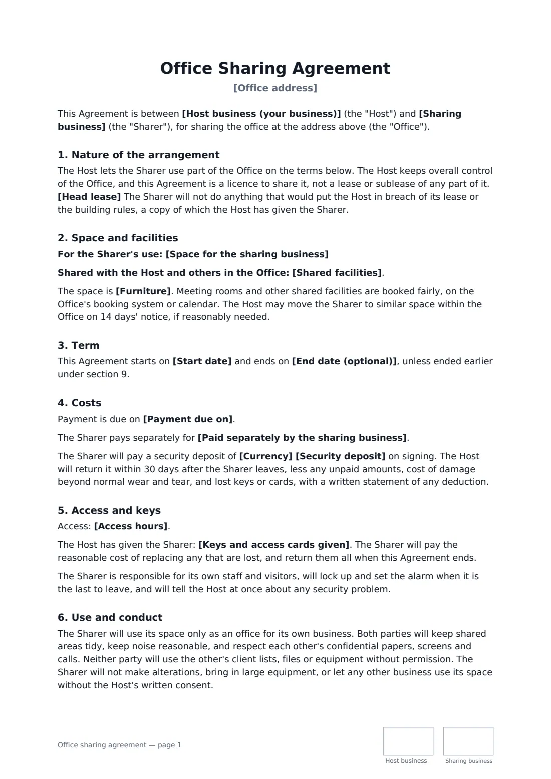Office sharing agreement — page 1 of 2