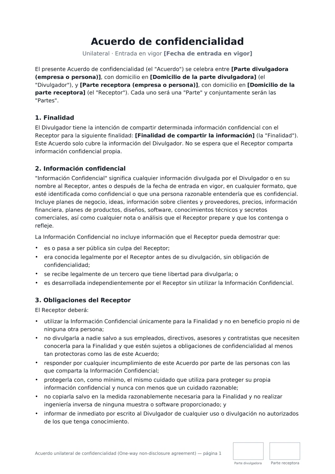 Acuerdo unilateral de confidencialidad (One-way non-disclosure agreement): página 1 de 3