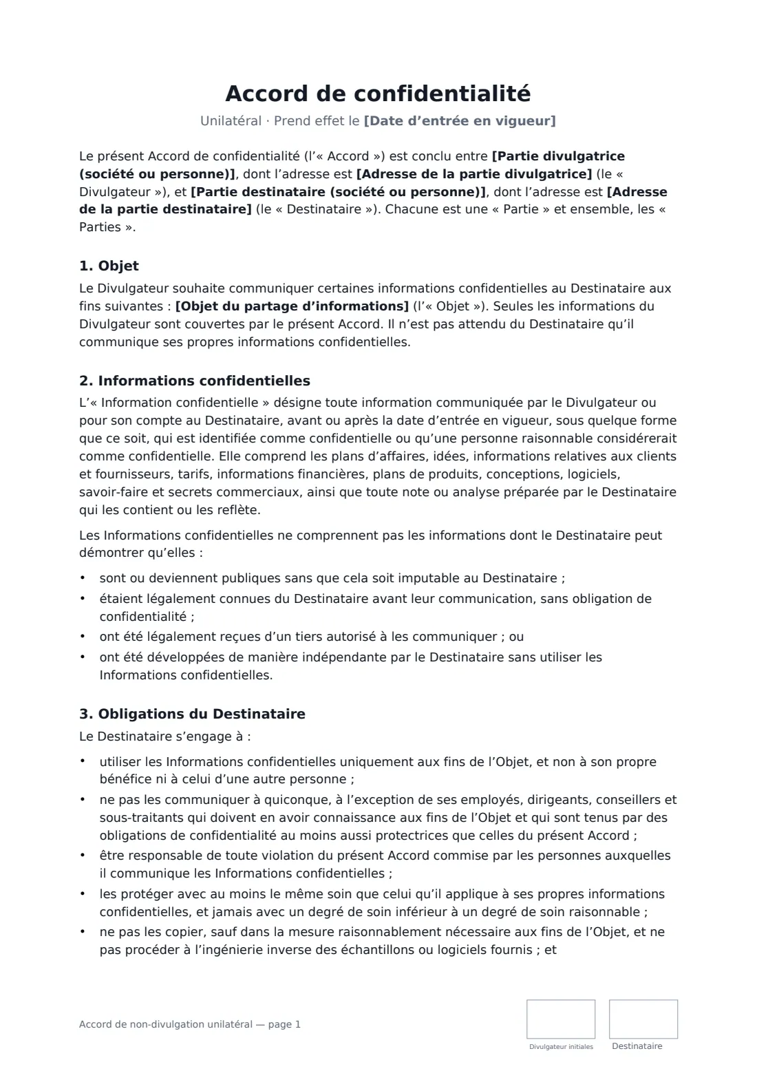 Accord de non-divulgation unilatéral — page 1 sur 3