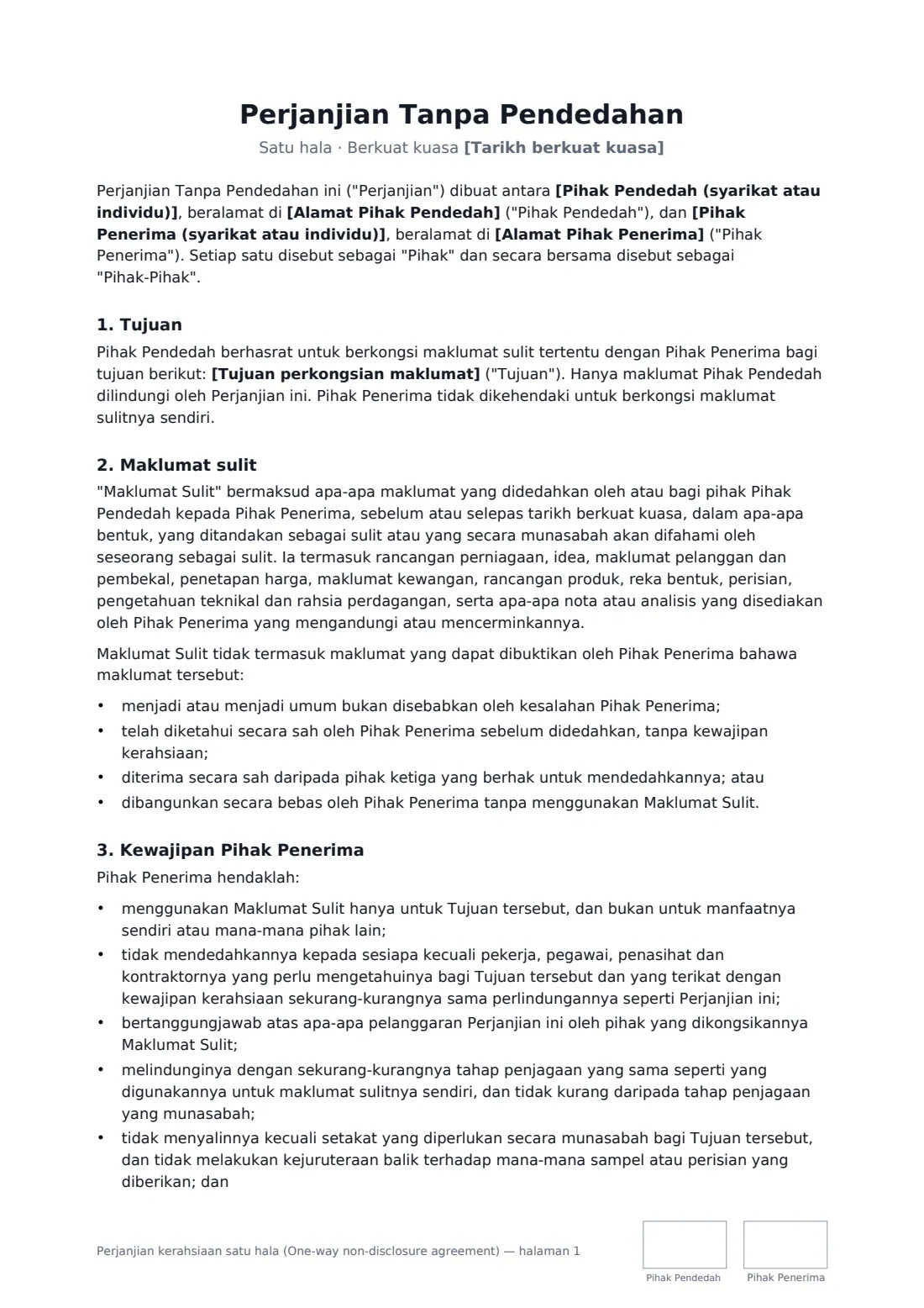 Perjanjian kerahsiaan satu hala (One-way non-disclosure agreement) — halaman 1 daripada 3