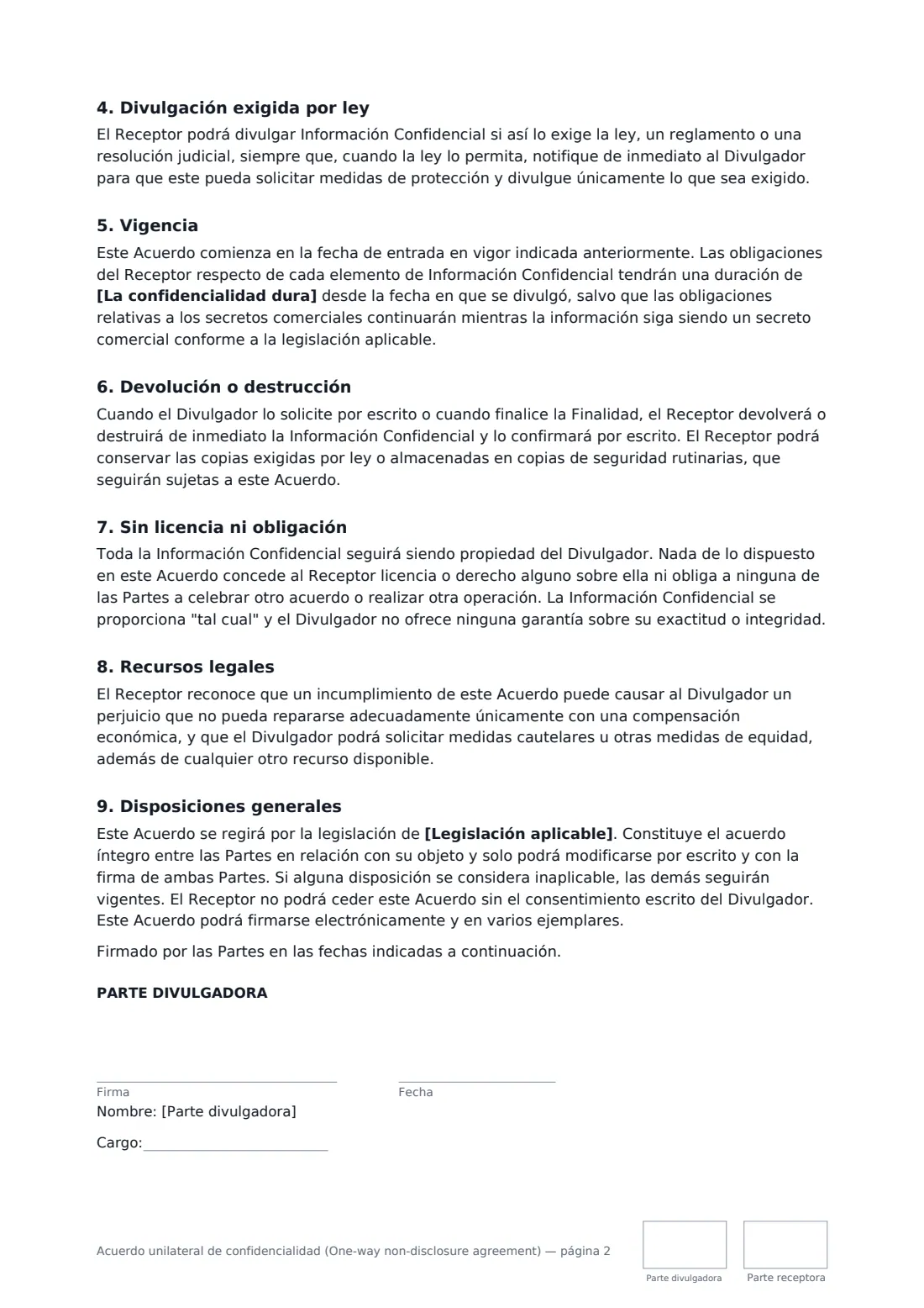Acuerdo unilateral de confidencialidad (One-way non-disclosure agreement): página 2 de 3