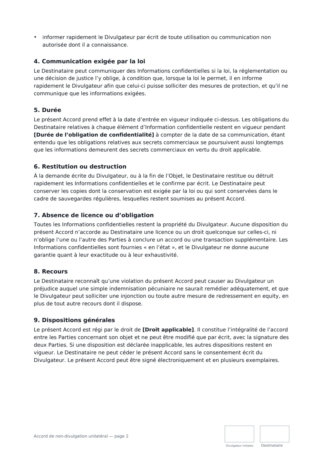 Accord de non-divulgation unilatéral — page 2 sur 3