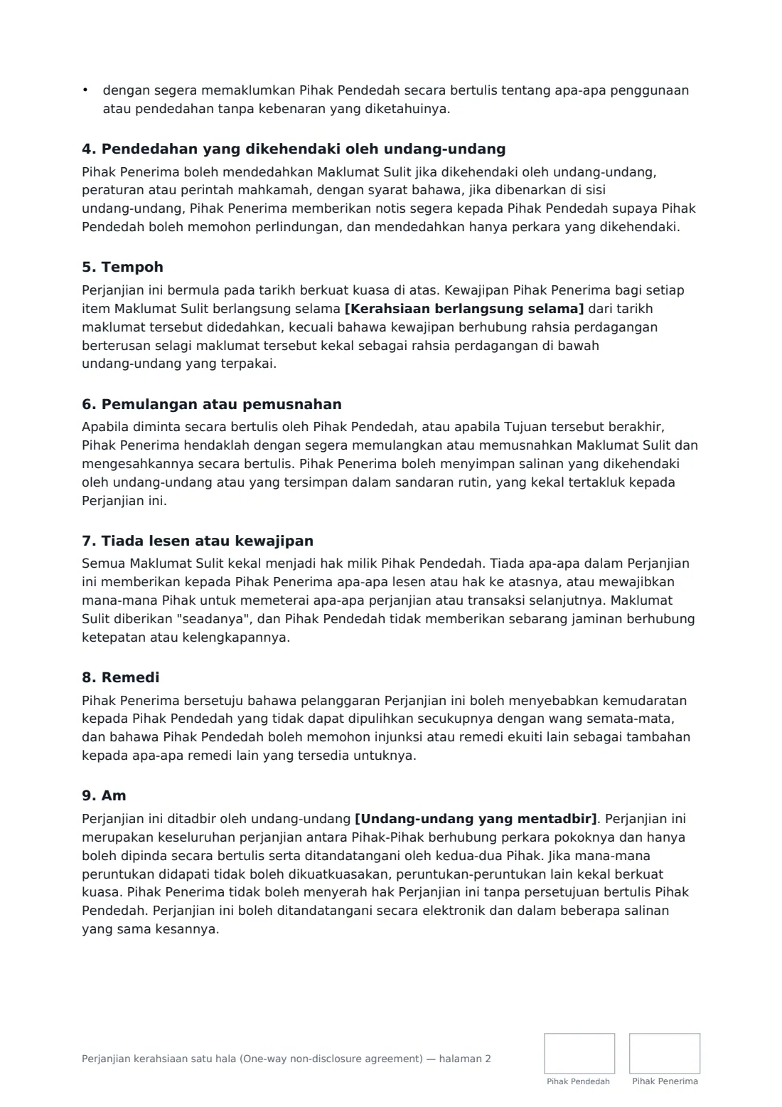 Perjanjian kerahsiaan satu hala (One-way non-disclosure agreement) — halaman 2 daripada 3