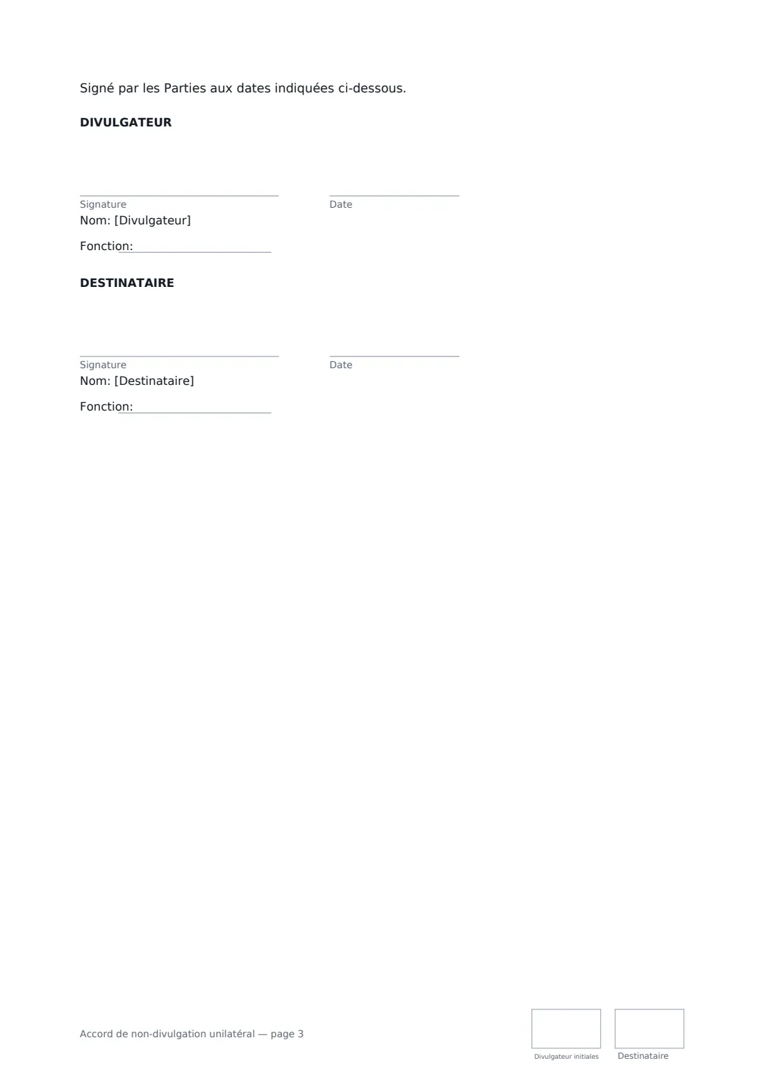 Accord de non-divulgation unilatéral — page 3 sur 3