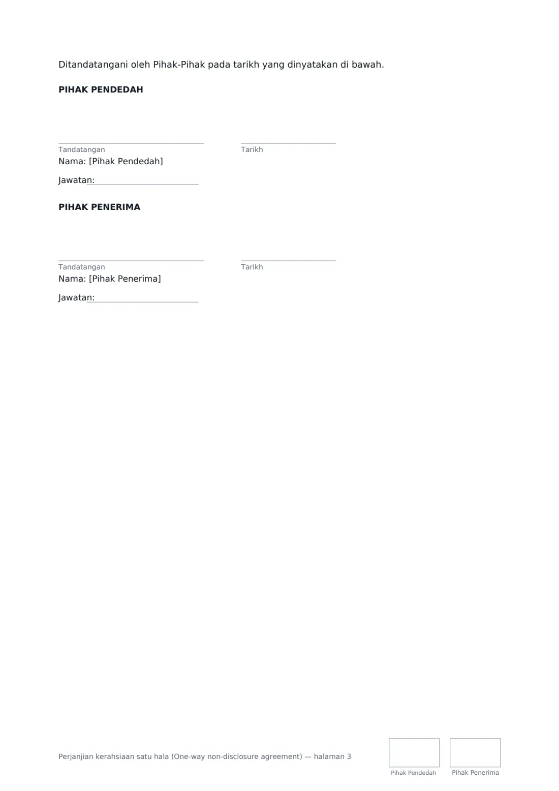 Perjanjian kerahsiaan satu hala (One-way non-disclosure agreement) — halaman 3 daripada 3