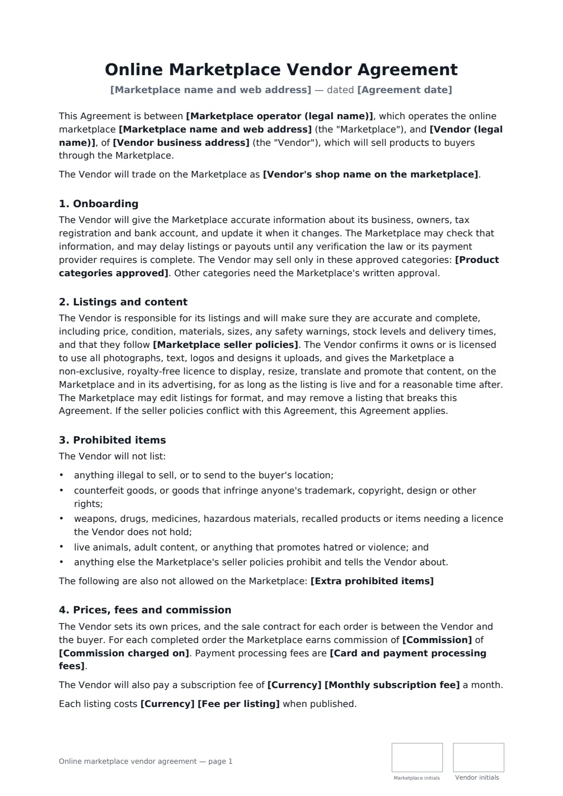 Online marketplace vendor agreement — page 1 of 3