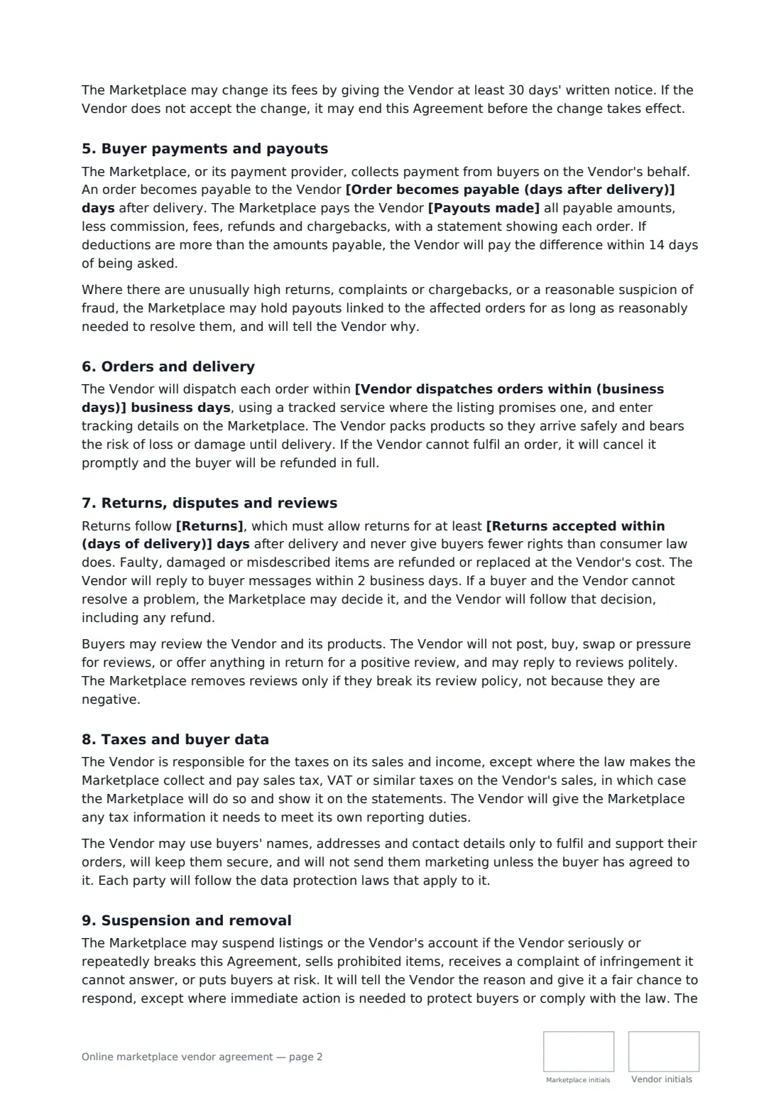 Online marketplace vendor agreement — page 2 of 3