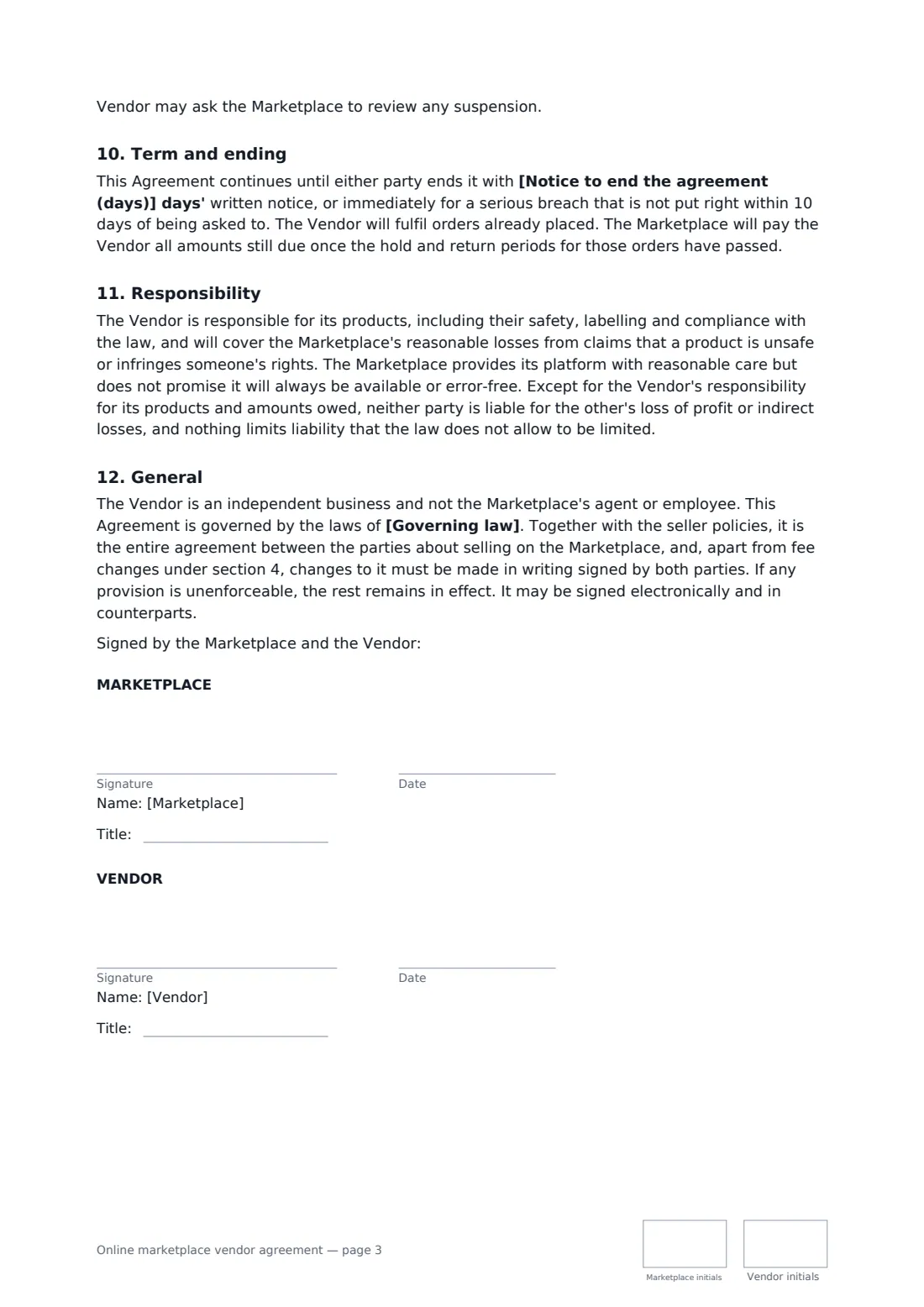 Online marketplace vendor agreement — page 3 of 3