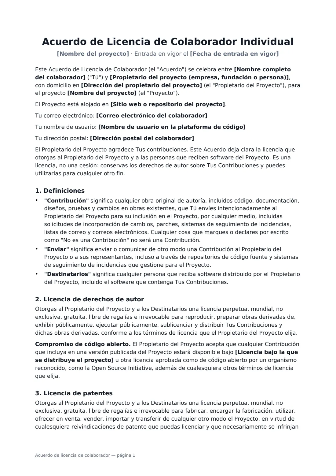 Acuerdo de licencia de colaborador: página 1 de 3