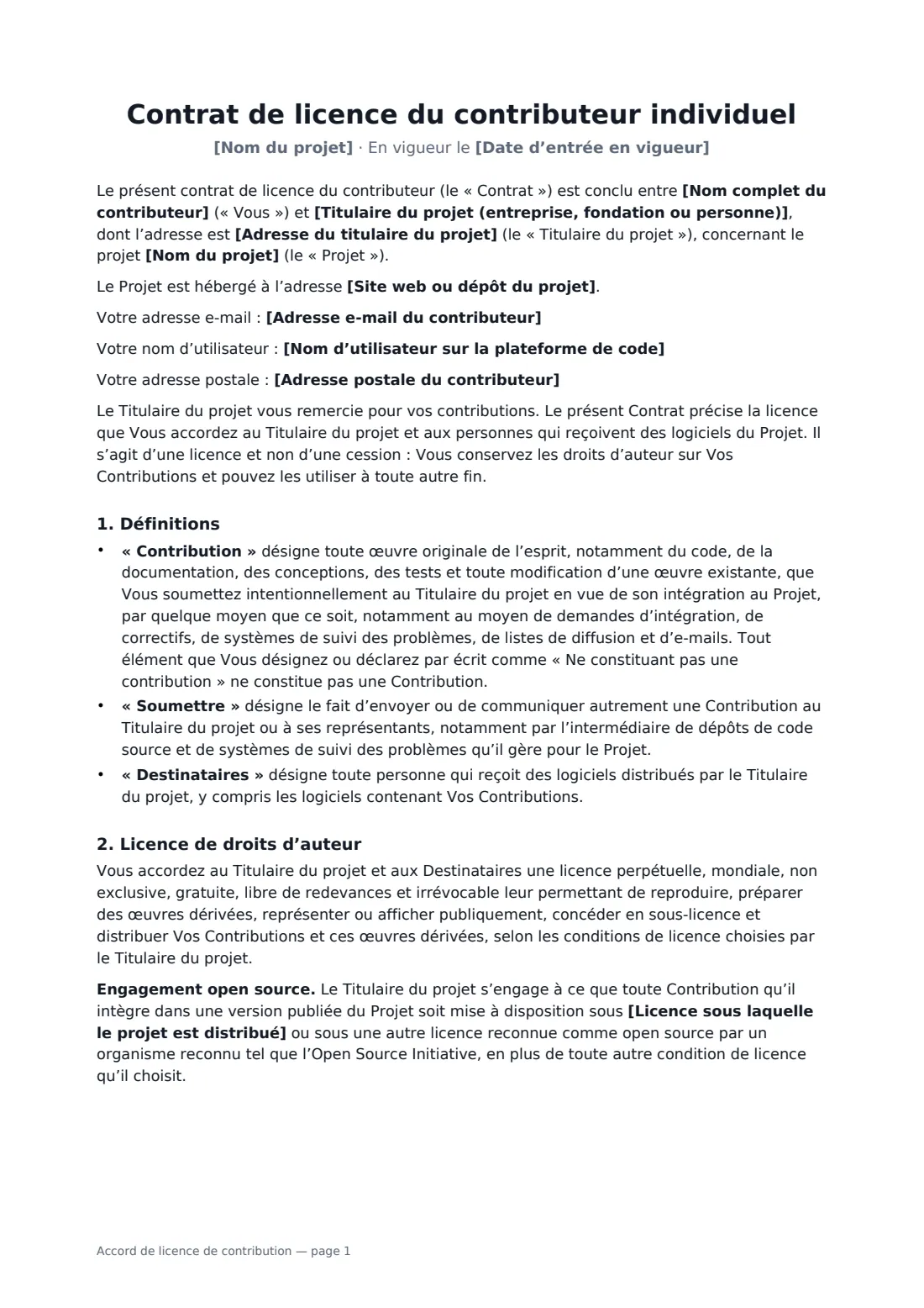 Accord de licence de contribution — page 1 sur 3