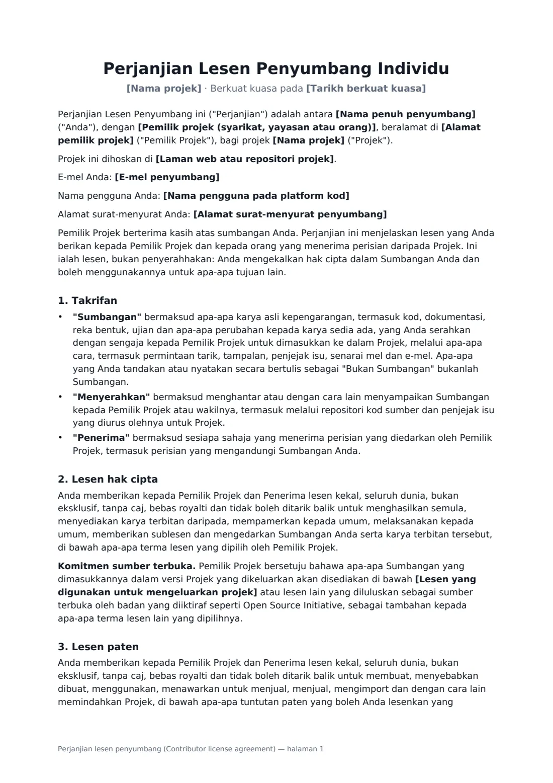 Perjanjian lesen penyumbang (Contributor license agreement) — halaman 1 daripada 3