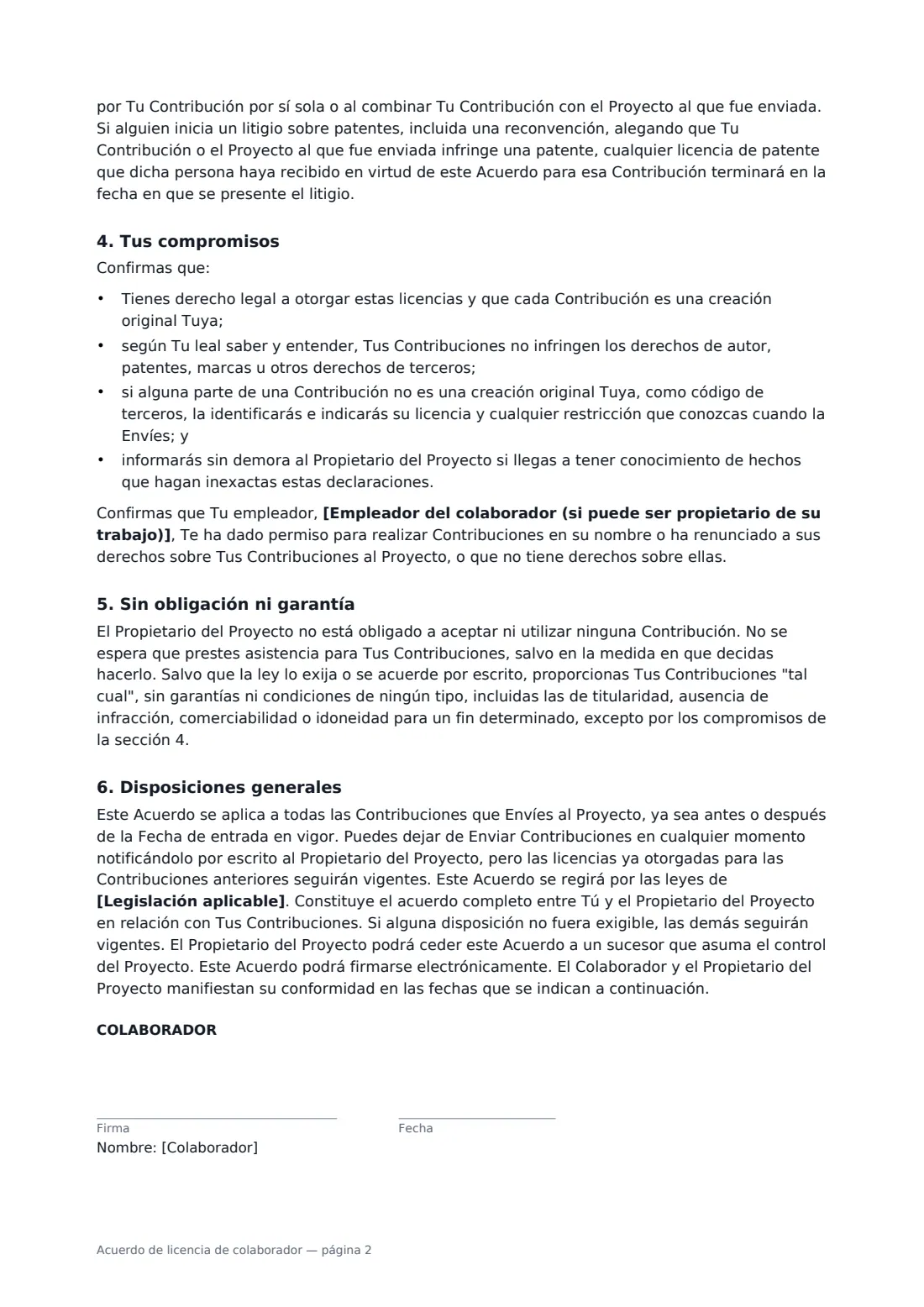 Acuerdo de licencia de colaborador: página 2 de 3