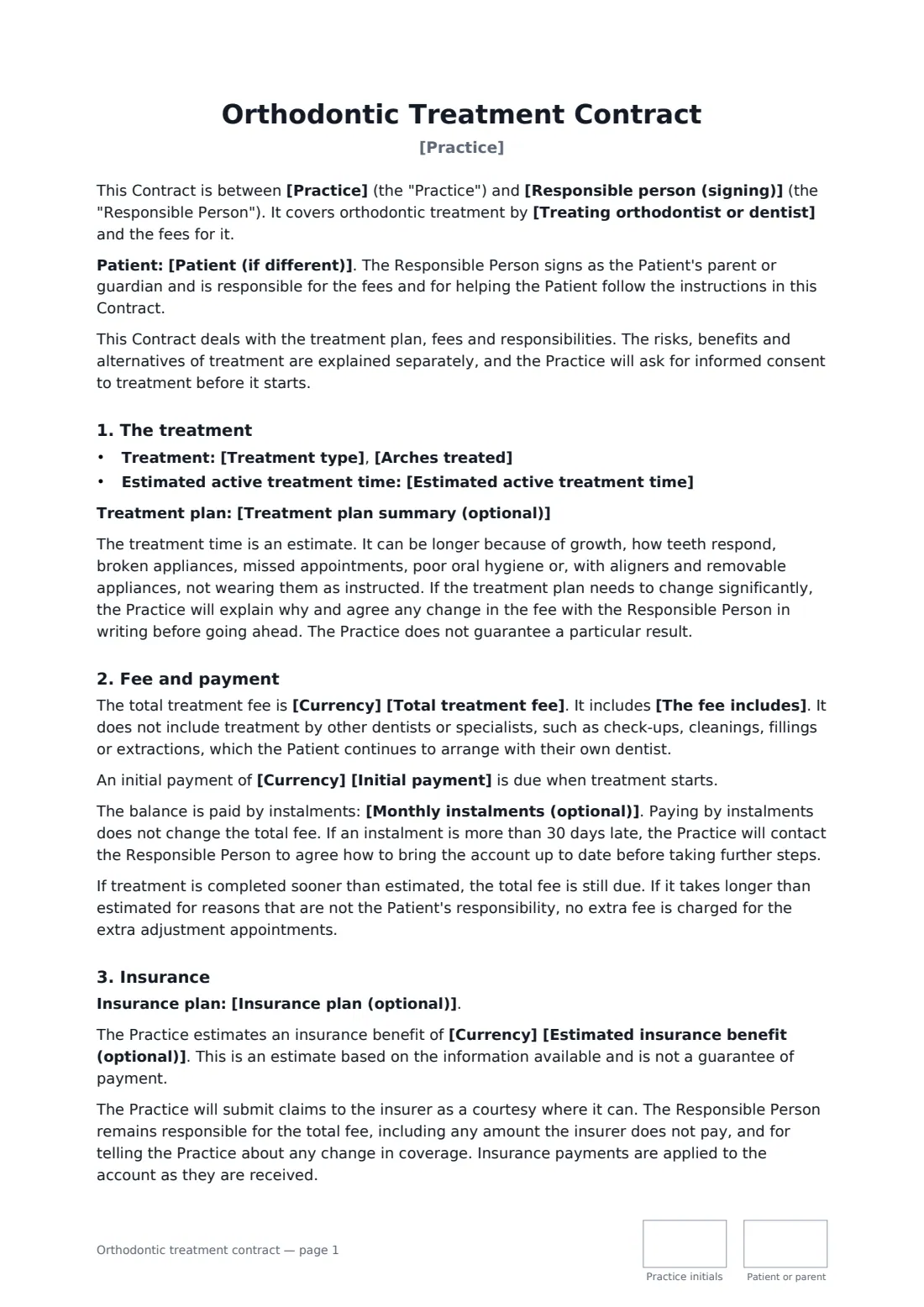 Orthodontic treatment contract — page 1 of 3