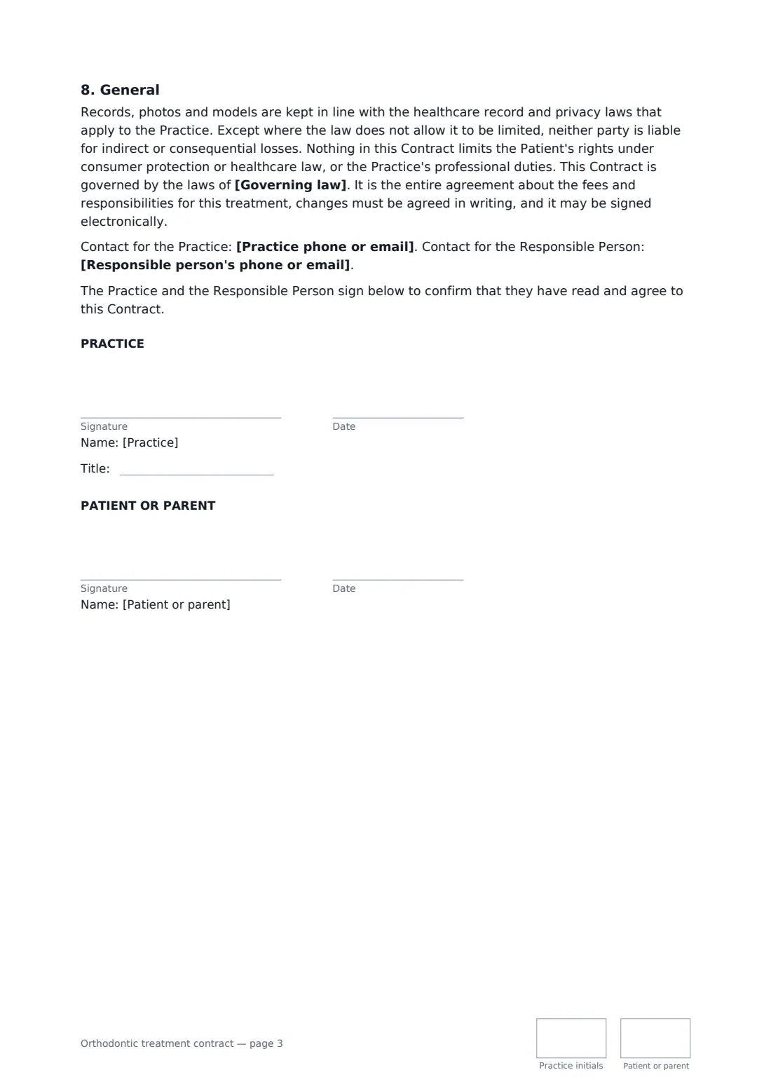 Orthodontic treatment contract — page 3 of 3