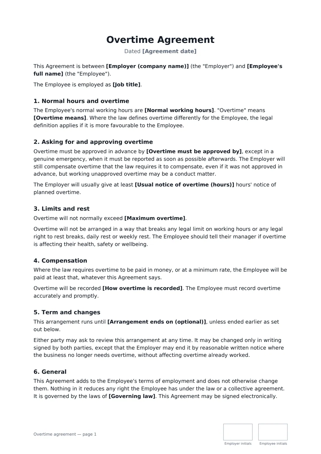 Overtime agreement — page 1 of 2