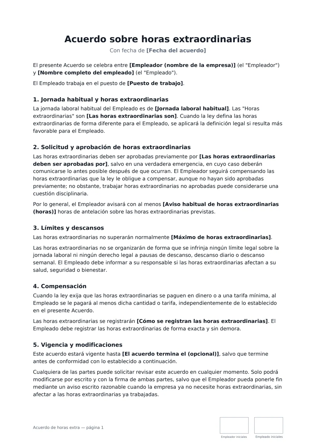 Acuerdo de horas extra: página 1 de 2