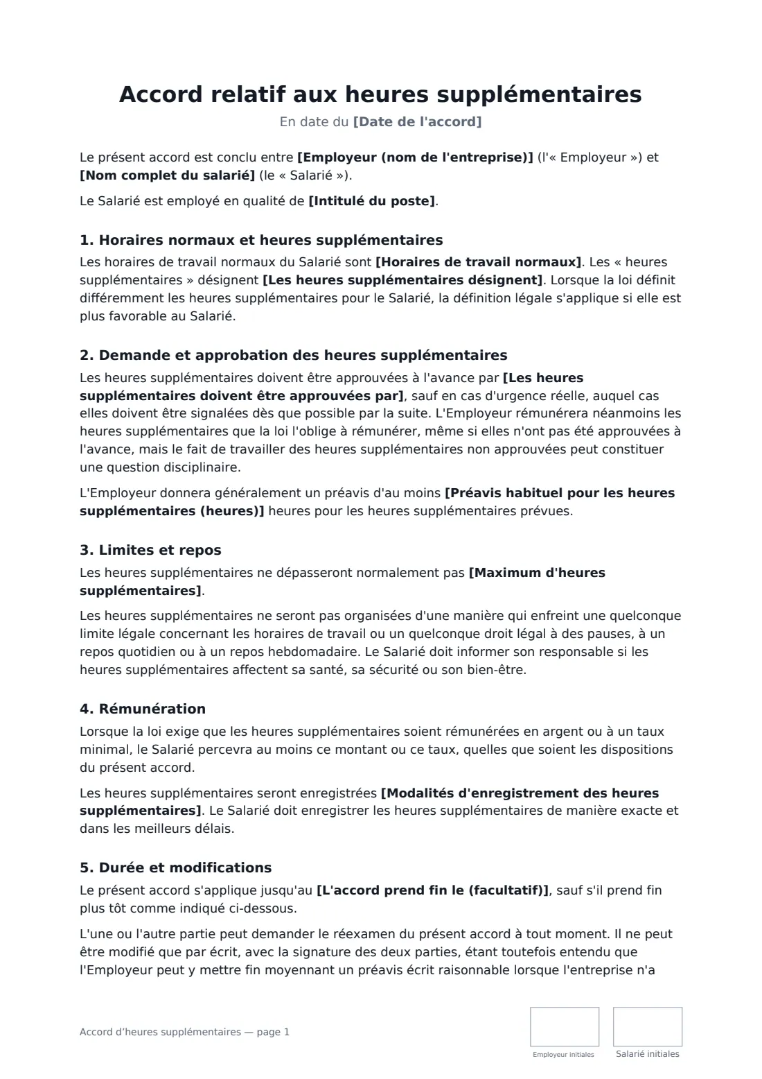 Accord d’heures supplémentaires — page 1 sur 2