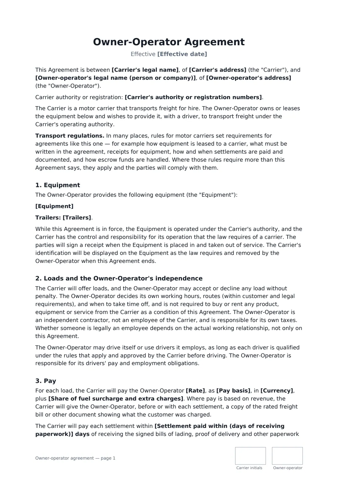 Owner-operator agreement — page 1 of 3