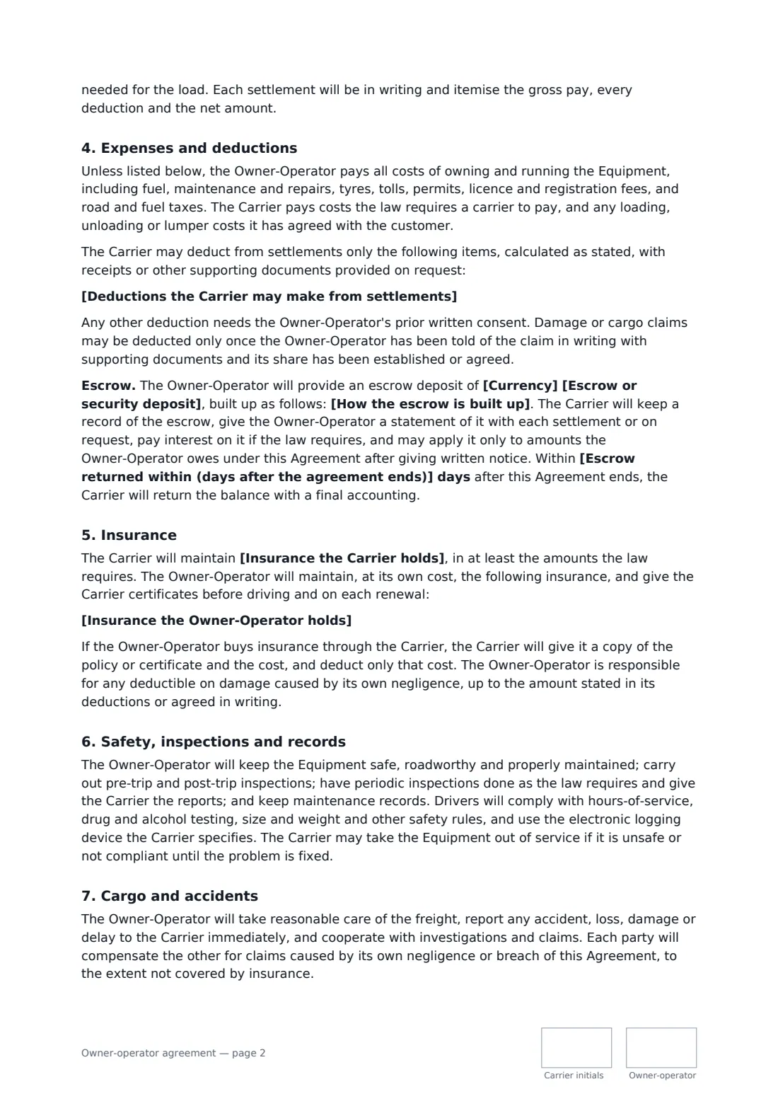Owner-operator agreement — page 2 of 3