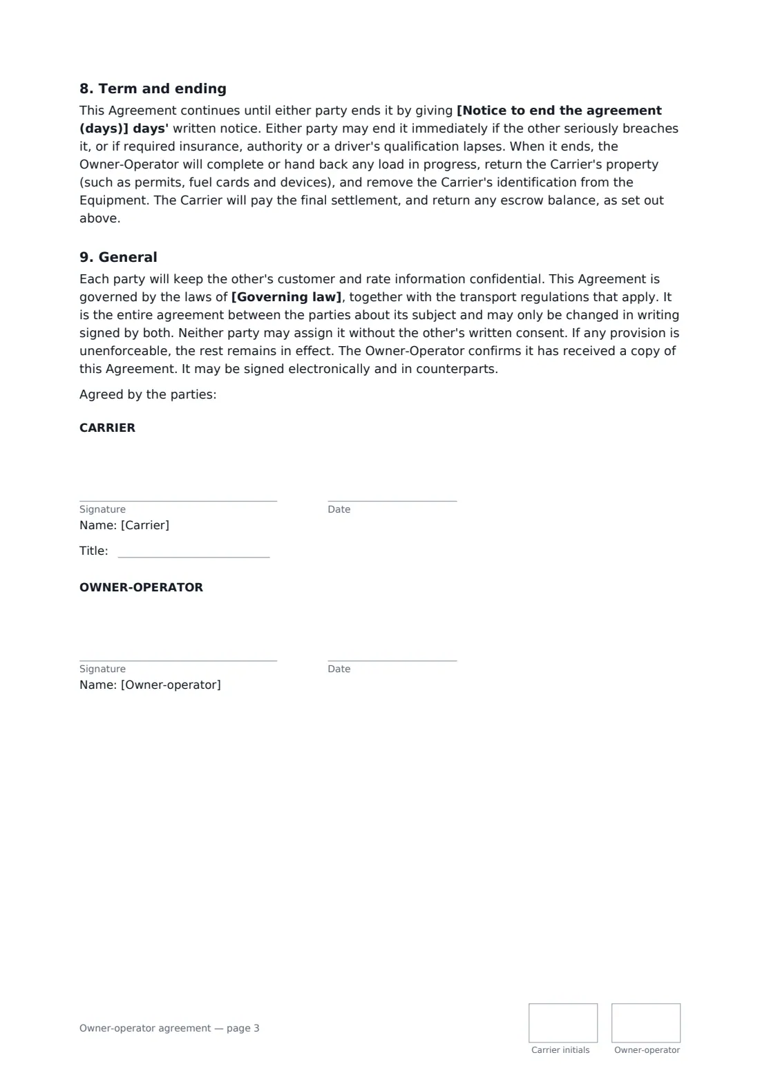 Owner-operator agreement — page 3 of 3