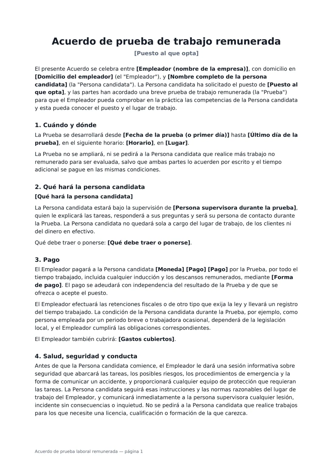 Acuerdo de prueba laboral remunerada: página 1 de 3