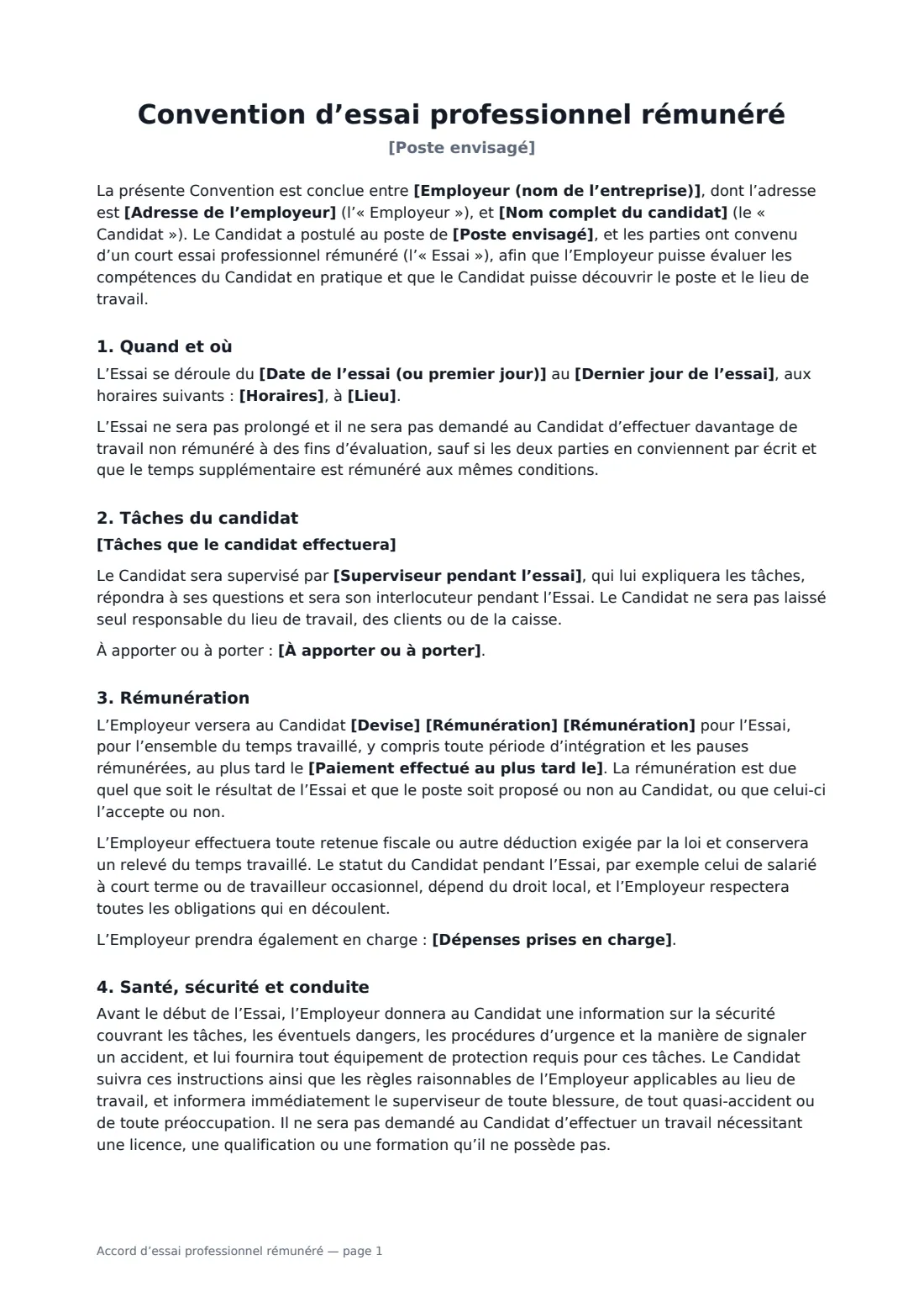 Accord d’essai professionnel rémunéré — page 1 sur 2