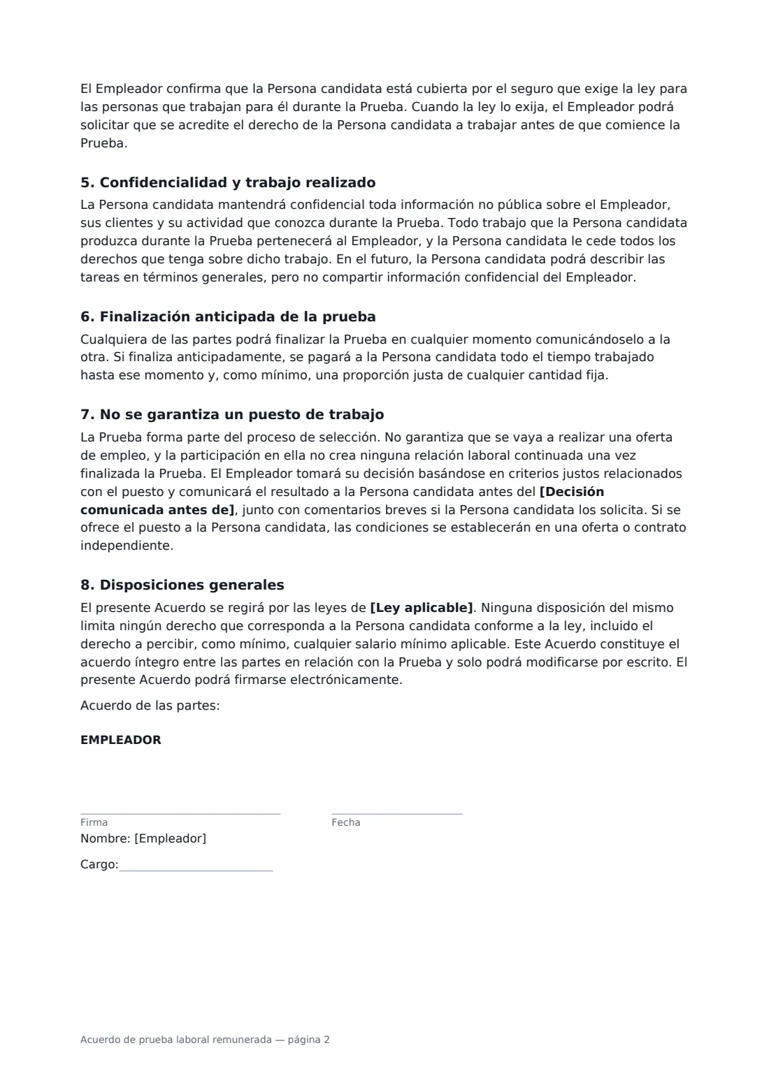Acuerdo de prueba laboral remunerada: página 2 de 3