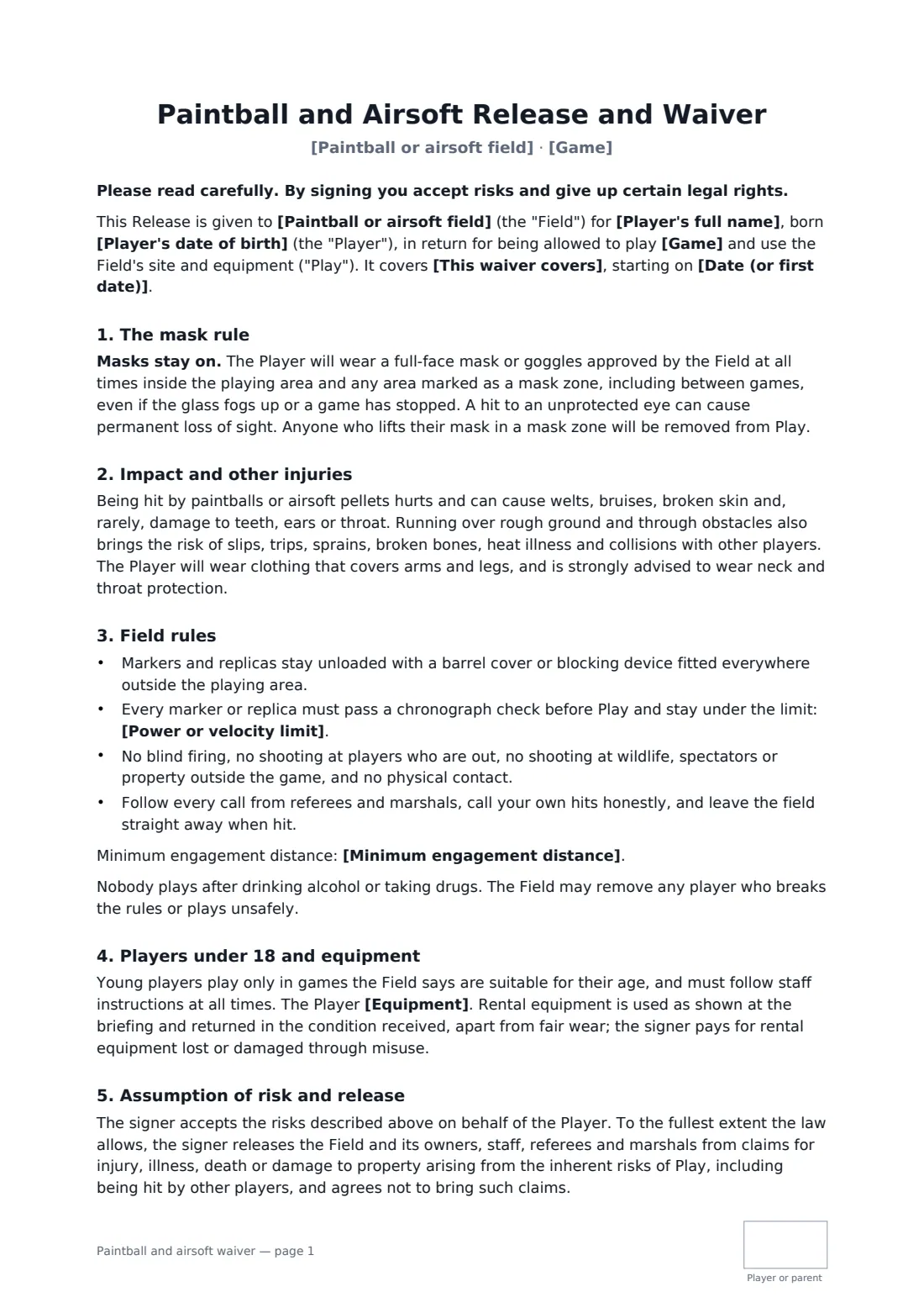 Paintball and airsoft waiver — page 1 of 2