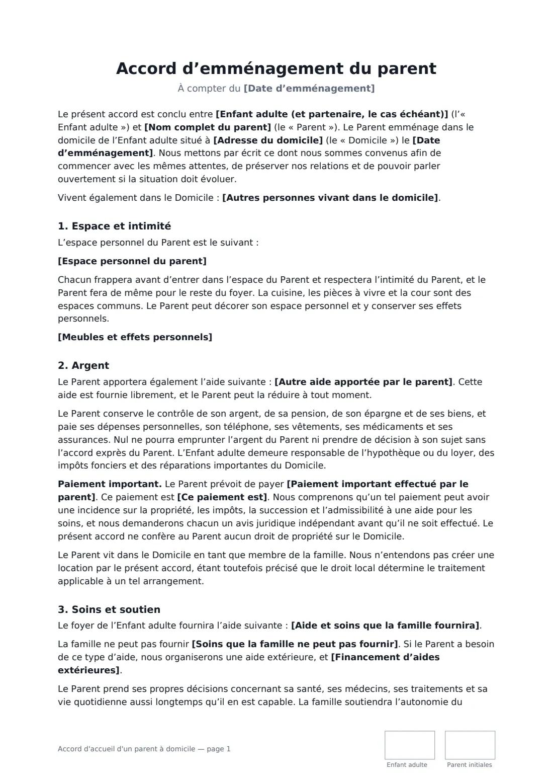 Accord d'accueil d'un parent à domicile — page 1 sur 3