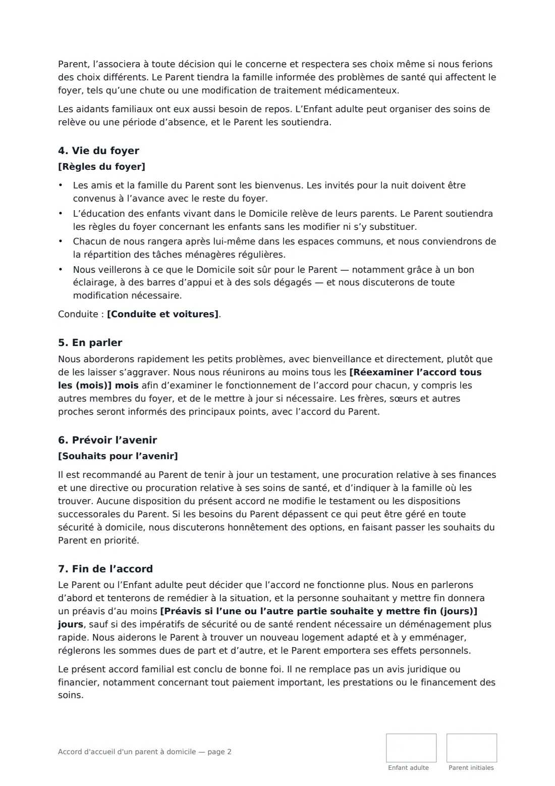 Accord d'accueil d'un parent à domicile — page 2 sur 3